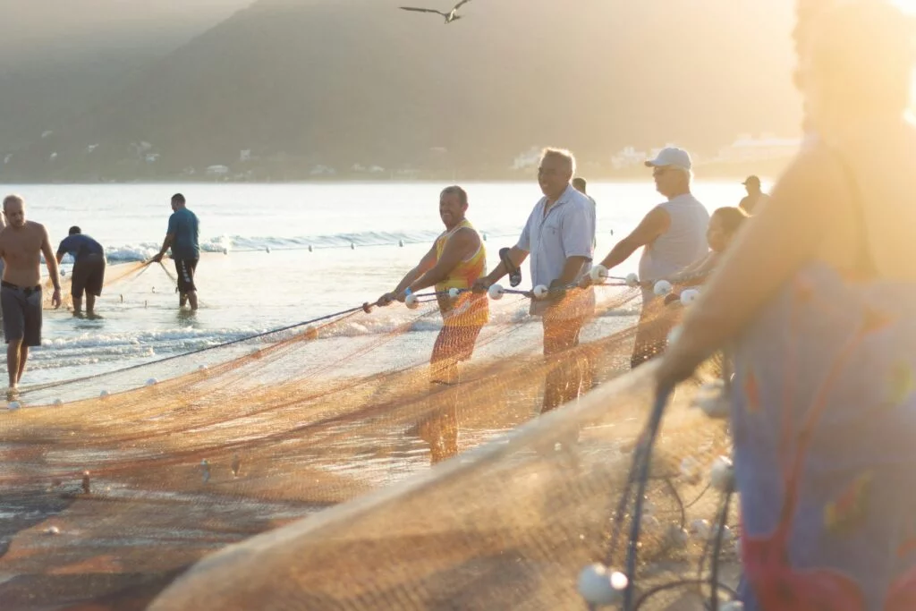 Fishing vessels and aquaculture pens on coastal waters