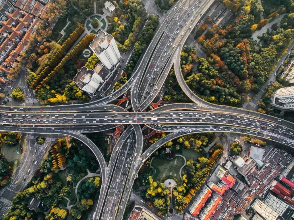 Highway traffic and road network seen from above