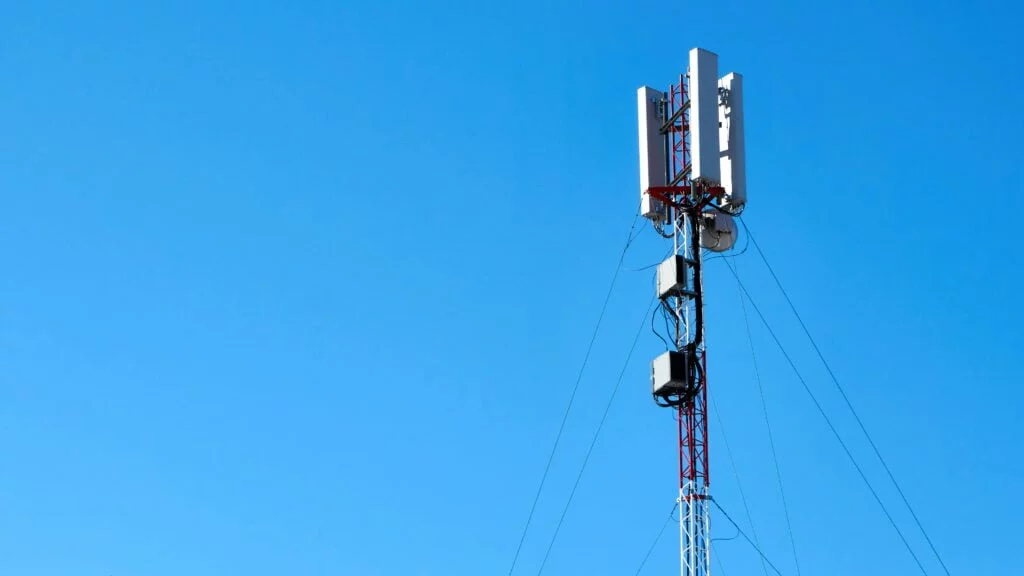 Telecommunications tower against the sky